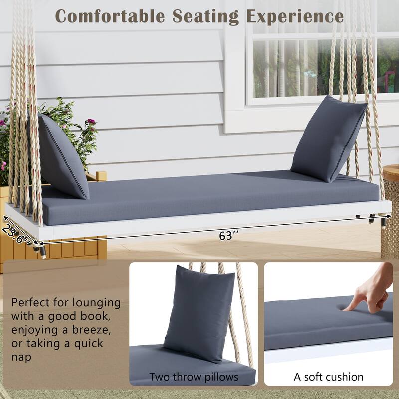 Premium Wooden Porch Swing Chair with Cushion Set - 10.8FT Weather-Resistant Hemp Rope Hanging Bench for Outdoor, Lawn, Deck