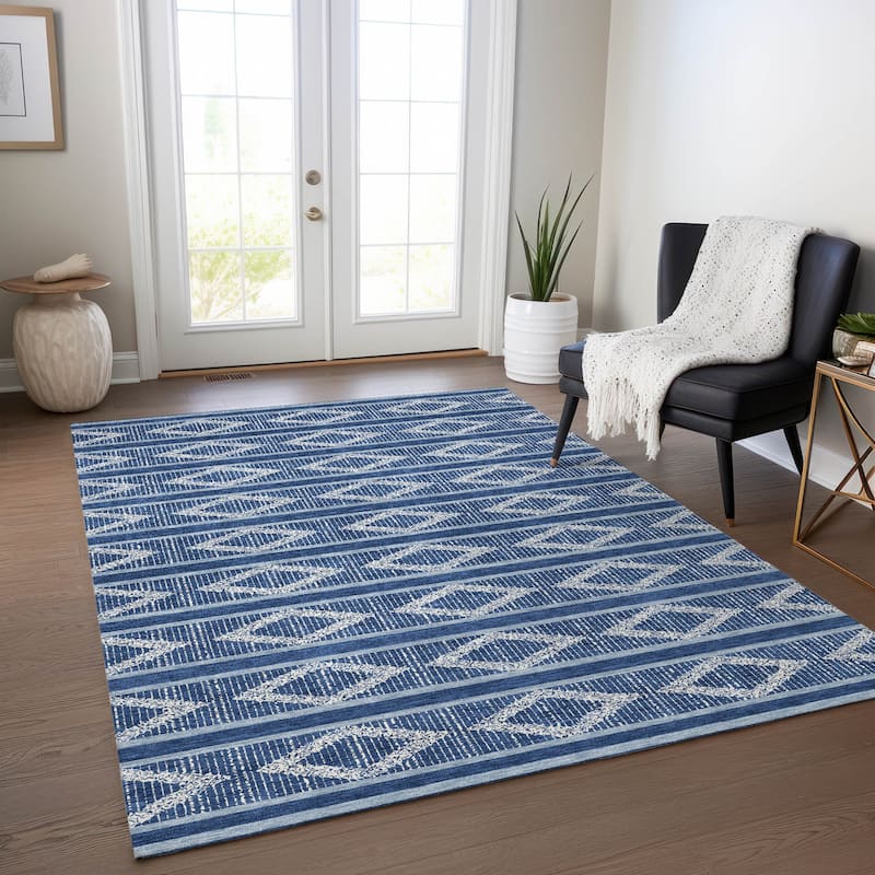 Machine Washable Indoor/ Outdoor Diamond Stripe Chantille Rug - Navy - 3' x 5'