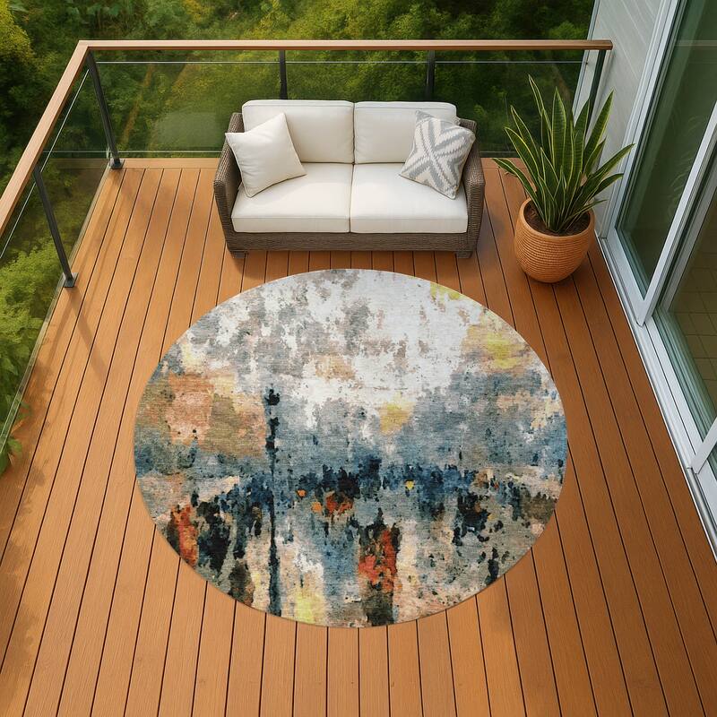 Machine Washable Indoor/ Outdoor Abstract Modern Chantille Rug - Ivory - 8' x 8'