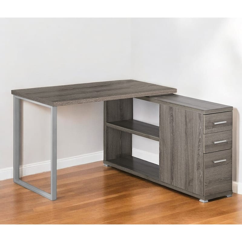 L Shaped Desk with Storage Drawers Taupe Veneer Finish and Silver Base Modern Home Office - Taupe-Silver
