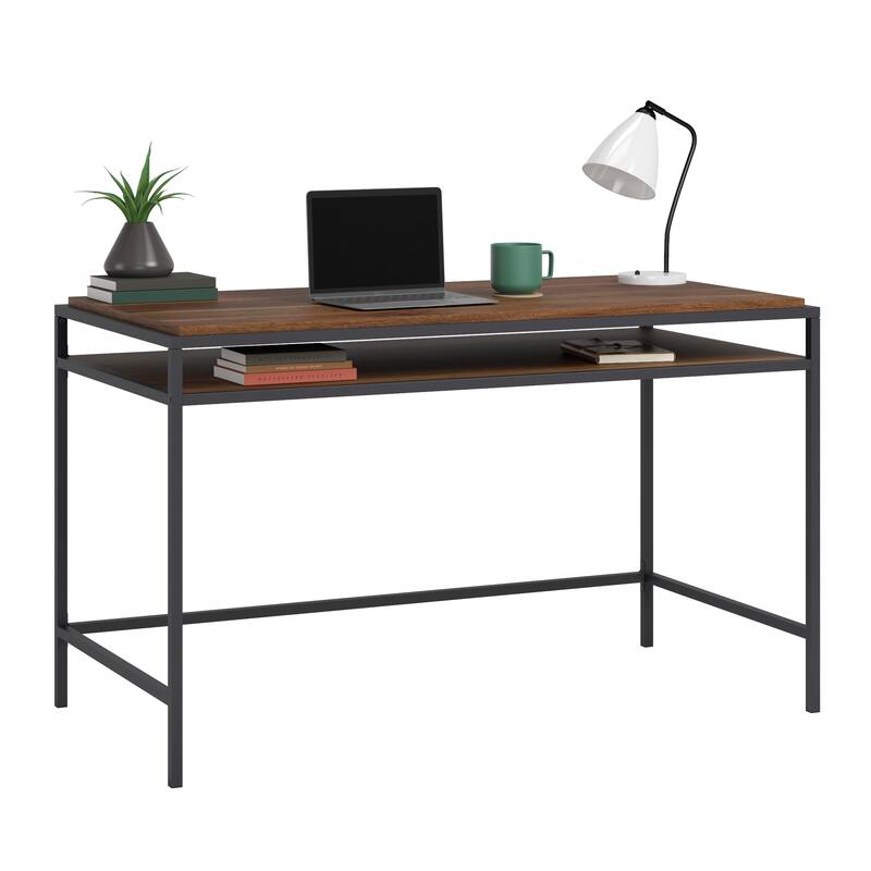 Wood Writing Desk with Sturdy Metal Frame, Dark Walnut