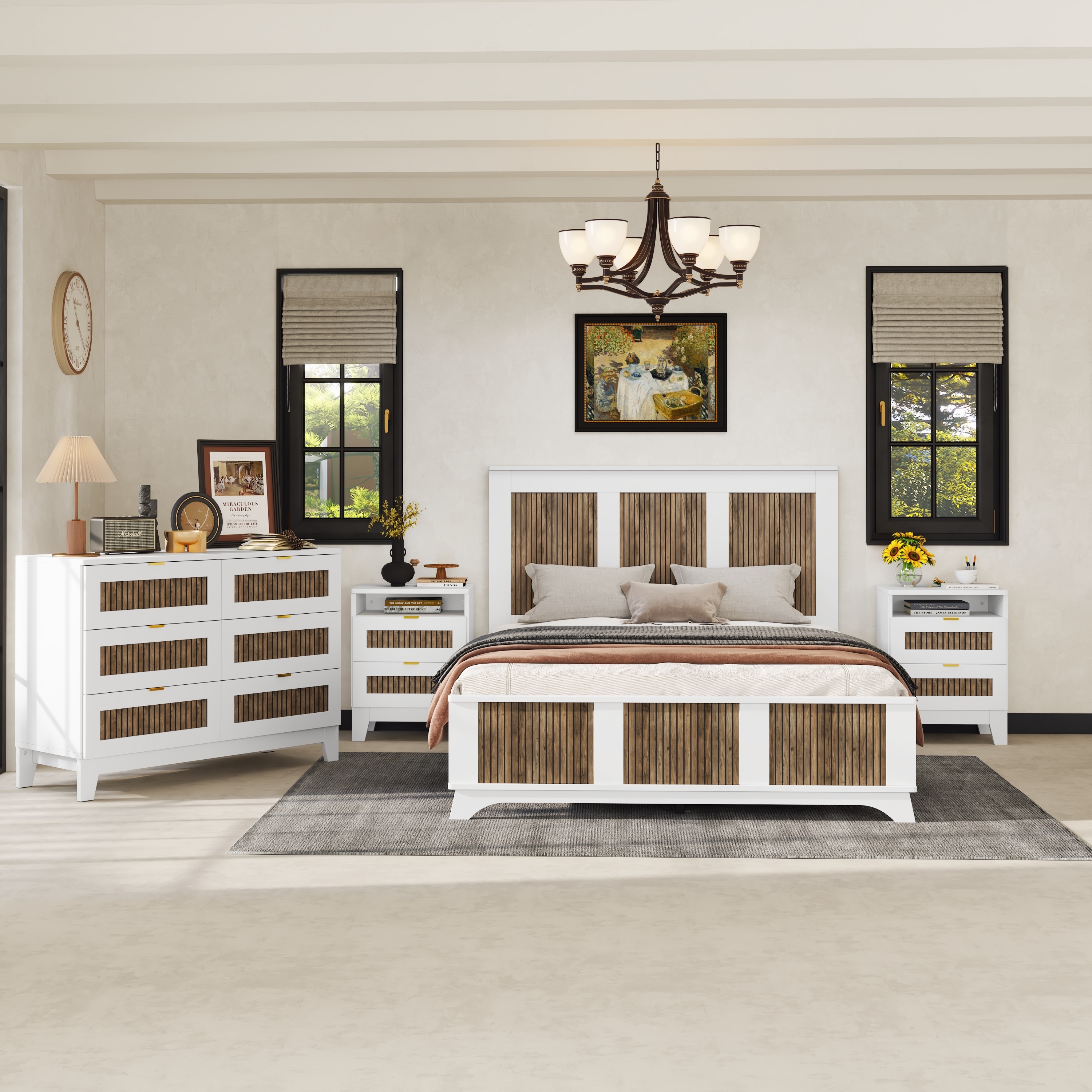 4-Pieces Bedroom Sets, Queen Size Platform Bed with Wooden Strip Decoration, Storage Nightstand and Dresser with Metal Handle