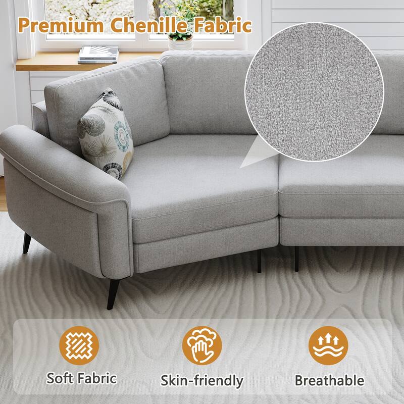 111" Chenille Curved 3-Seater Sofa with Removable Patterned Pillows
