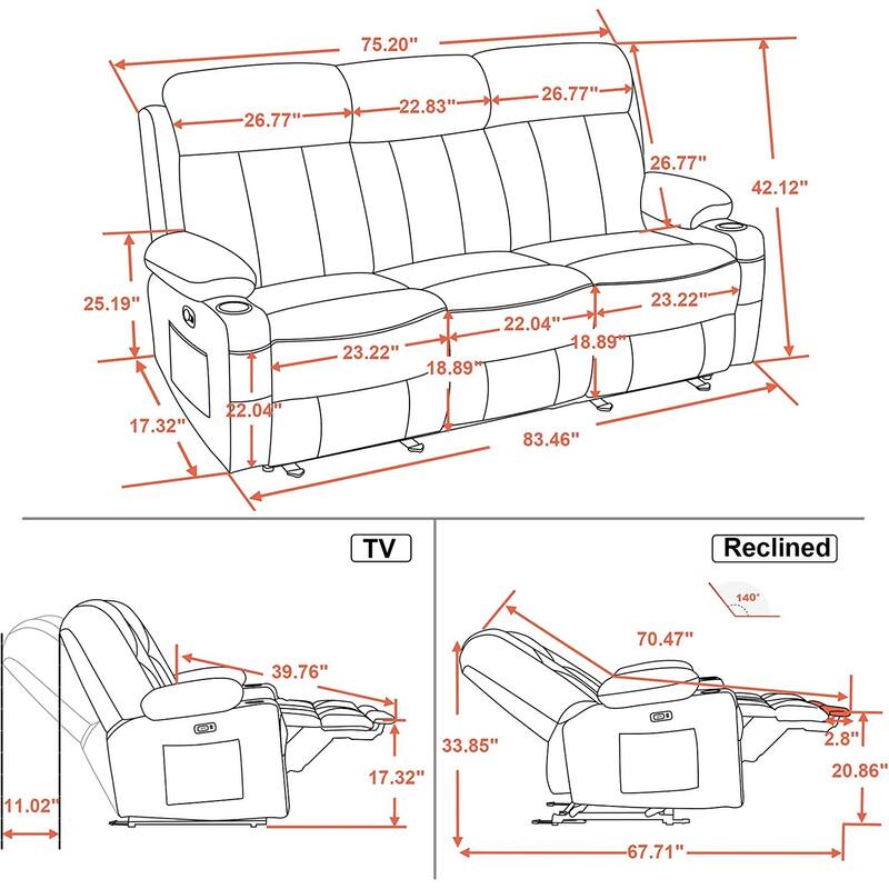 MCombo Electric Power Reclining Sofa with Heat & Massage, Faux Leather 6095/6075/6077