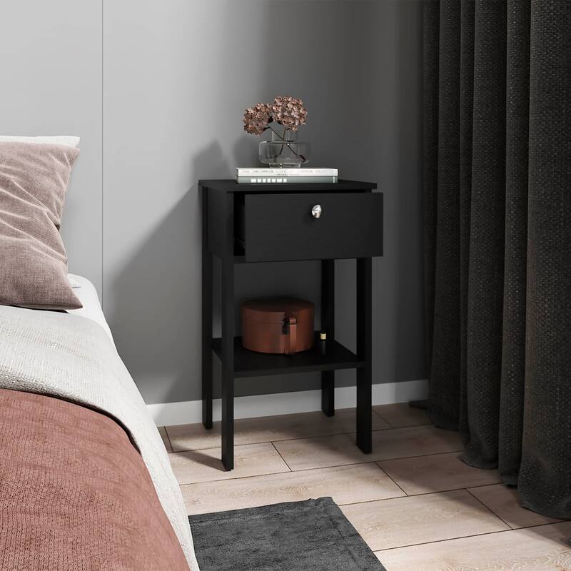 Black Wengue Nightstand with 1 Drawer, 1 Shelf, and 4 Legs