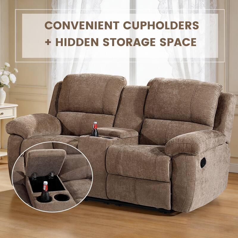 2PC Modern Fabric Manual Recliner Sofa Set, Couch, Loveseat w/Console