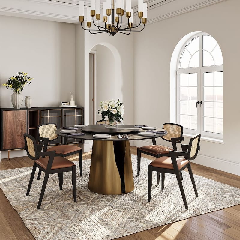 Modern Round White Dining Table，Sintered Stone Tabletop, Solid Black Carbon Steel Base