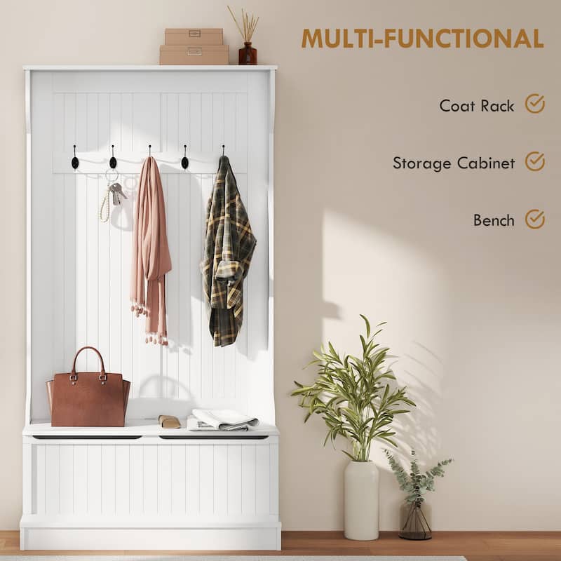 HOMCOM 71" 3-In-1 Hall Tree Storage Bench and Coat Rack with 5 Steel Double Hooks, and Anti-Topple Anchor for Entryway
