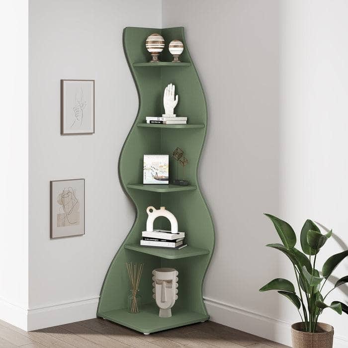 Modern Whimsical 5-Shelf Corner Bookcase Adjustable Wood-Inspired Storage for Home and Office