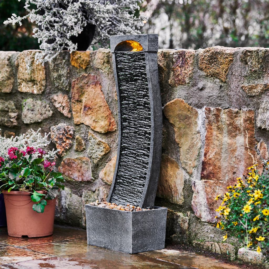 Teamson Home Modern Curved Faux Slate Waterfall Fountain with LED Lights - Indoor Outdoor Decor