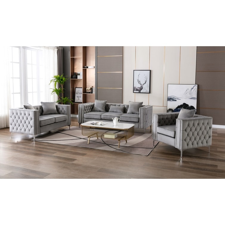 Lorreto Velvet Fabric Sofa Loveseat Chair Living Room Set