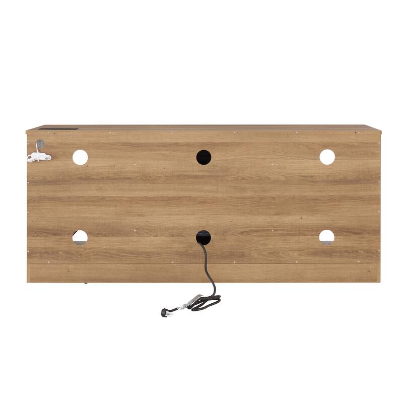Wood Fireplace TV Console Stand w/ Glass Shelves & USB Charging Outlet