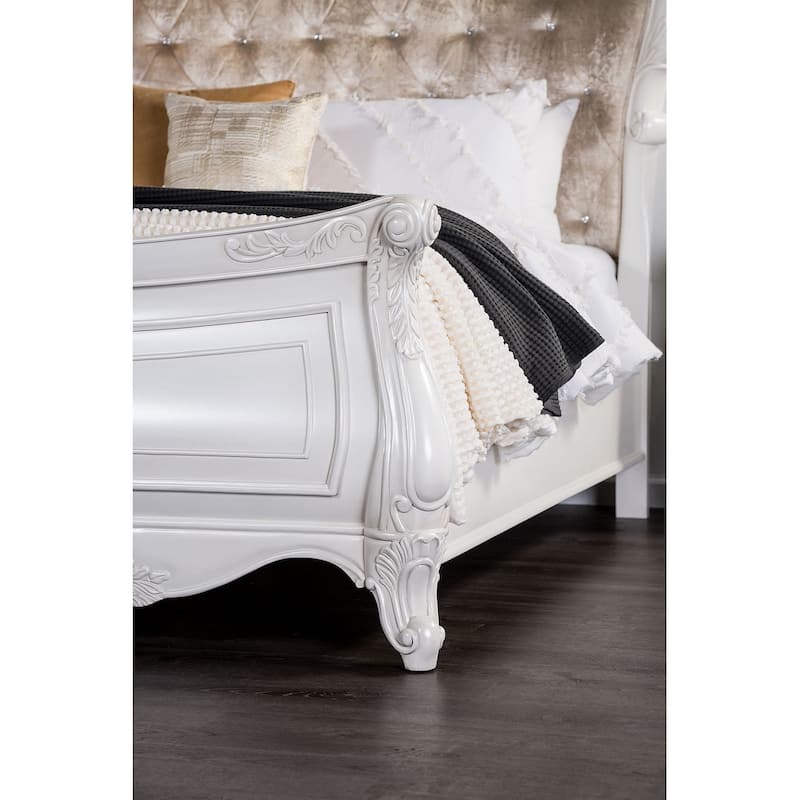 Formal Traditional White Finish 4pc Bedroom Set Tufted Bed Dresser Mirror Nightstand Chest