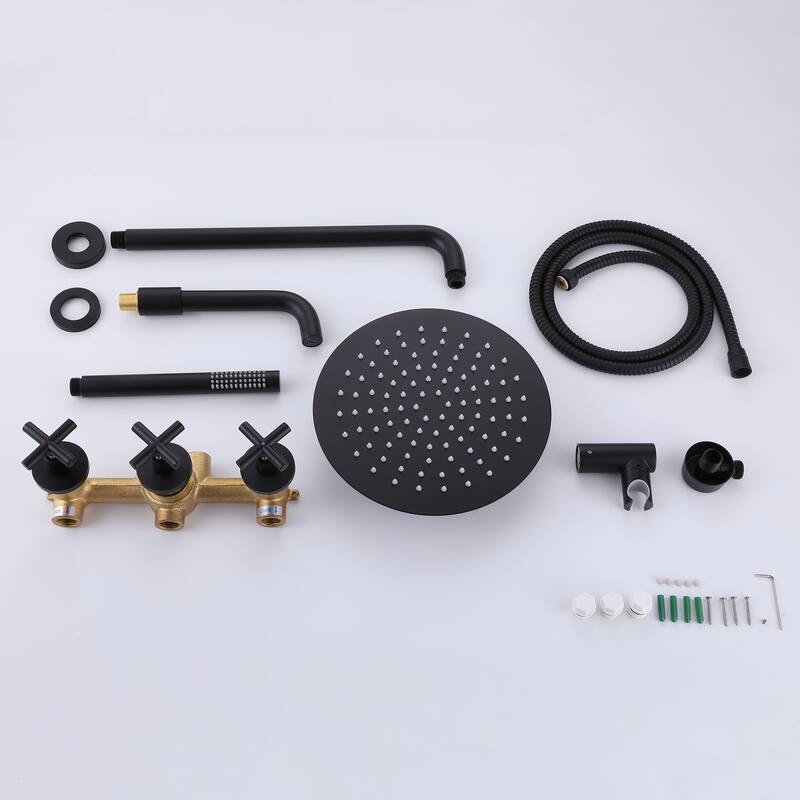 10" Solid Brass Wall Mounted Shower System with Tub Spout and 3-Cross Handles