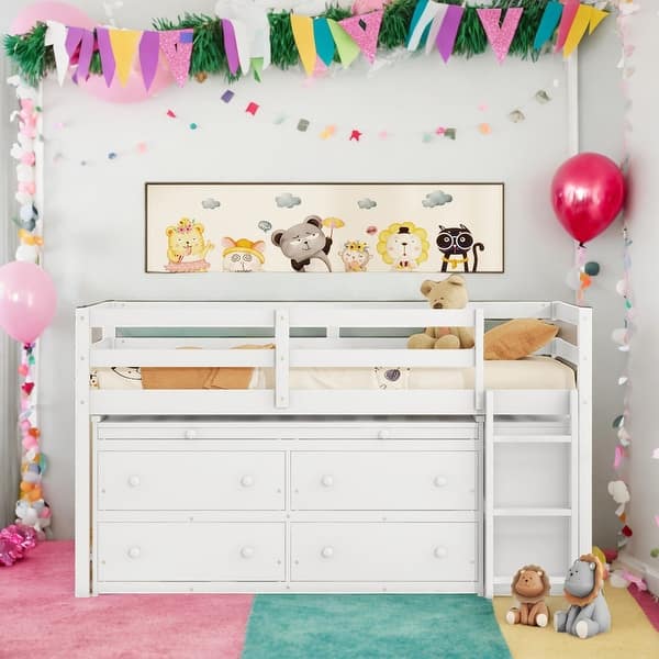 slide 2 of 39, Modern Twin Size Loft Bed with Retractable Writing Desk and 4 Drawers and Lateral Portable Desk and Shelves White