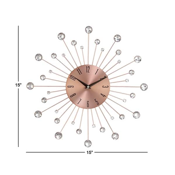 dimension image slide 4 of 7, Gold / Copper / or Silver Iron Metal Starburst Sun Glam Wall Clock