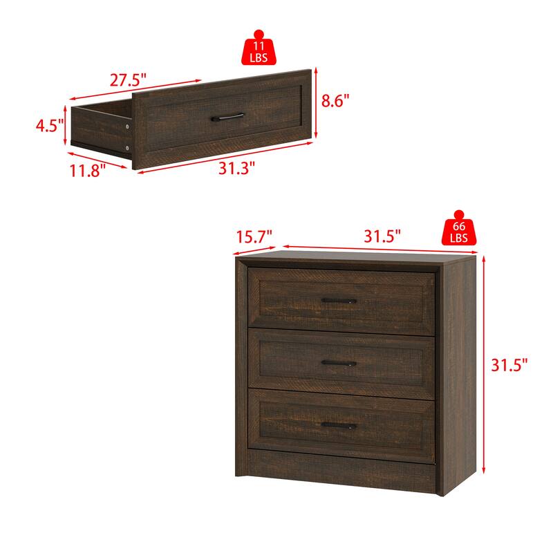 Modern 3-Drawer Wood Dresser for Bedroom, Wide Storage Chest with Metal Handles, Nightstand Cabinet