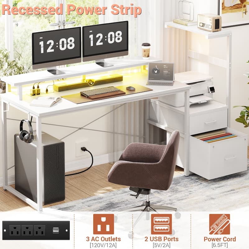 60'' Reversible Gaming Desk with Monitor Stand & Fabric Drawers，Home Office Computer Desk with RGB LED Strip & Power Outlets