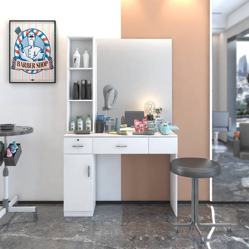 Salon Station Barber Stations Styling Station Barber Beauty Spa Salon Equipment Set with Mirror - White