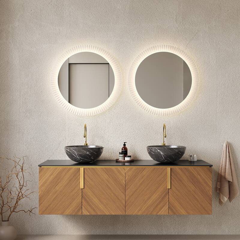 Wall Mounted Bathroom Vanity with Sintered Stone Countertop and Sink - 60" - Black with stone patterns/Espresso