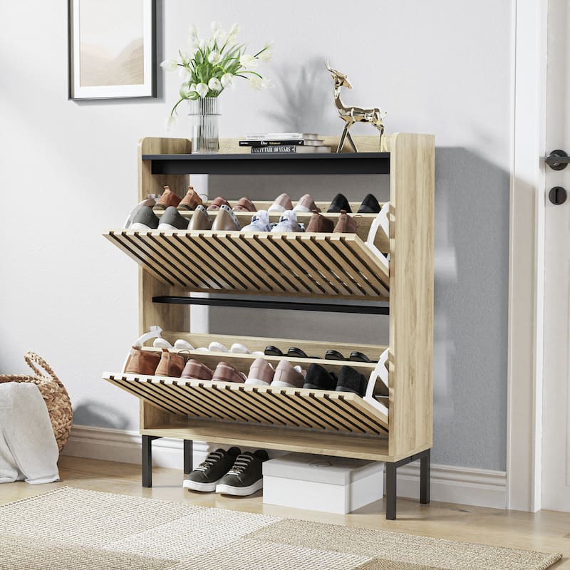 Shoe Storage Cabinet with 2 Fluted Flip Doors, Freestanding Entryway Organizer, Slim Shoe Rack with Metal Legs - Natural+Black
