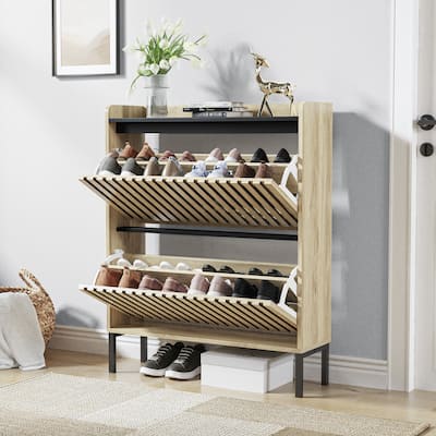 Shoe Storage Cabinet with 2 Fluted Flip Doors, Freestanding Entryway Organizer, Slim Shoe Rack with Metal Legs