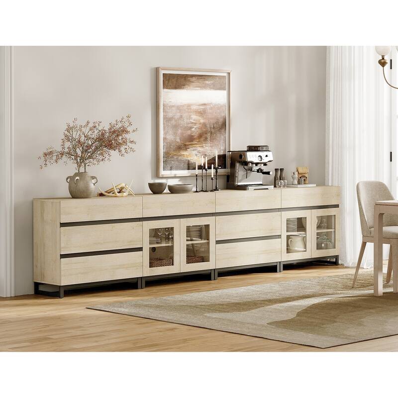 4-in-1 Multifunctional Sideboard Buffet with 8 Drawers & Glass Doors, Modern Credenza with Adjustable Shelf & Metal Base. - 126 inches - Beige