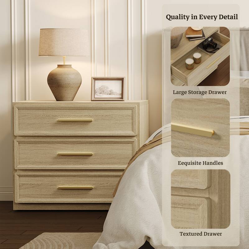 Gold-Accent 3-Drawer Nightstand: Multi-Use for Bedrooms, Guest Rooms & Dressers