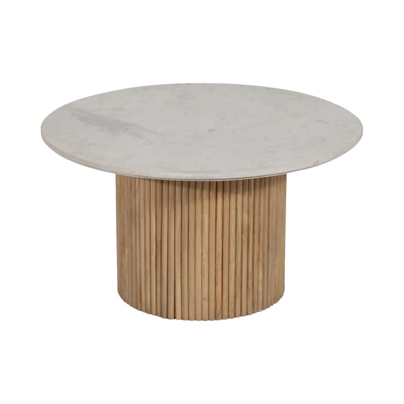 Sagebrook Home Mango Wood & Marble Accent Table with Reeded Base, MDF Support, and Contemporary Cylinder Design