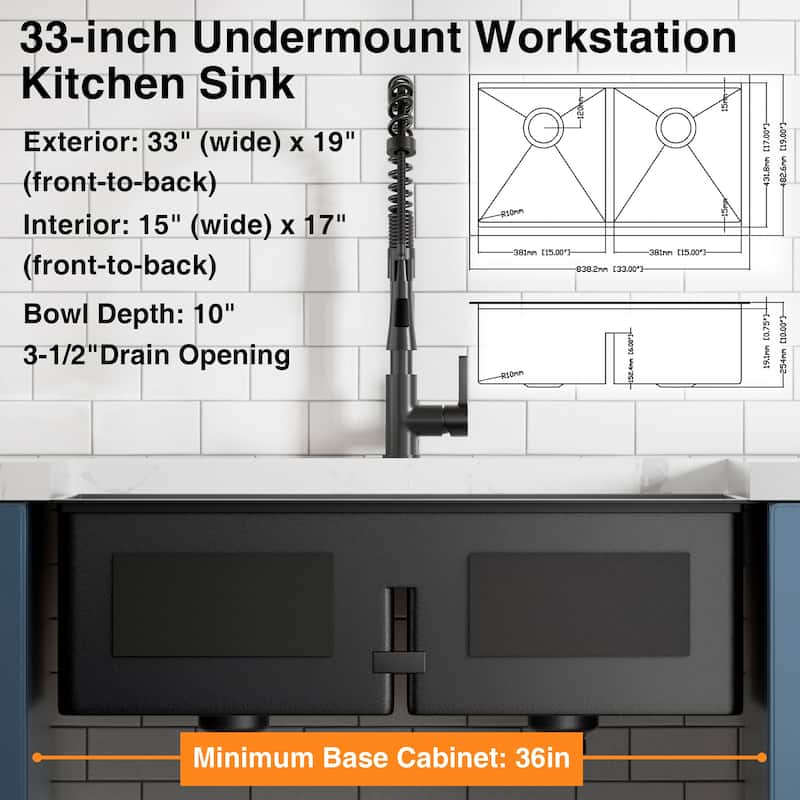 33 inch Upgrade Black Doubel Bowl Undermount Workstation Stainless Steel Sink, 18 Gauge Single Bowl Stainless Steel