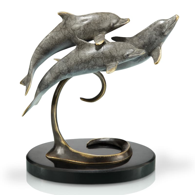 Spi Brass Triple Dolphins On Marble Base - 8 X 8 X 5 inches