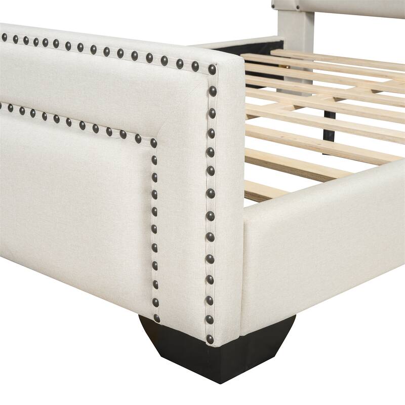 Queen Size Upholstered Bed, Upholstered Bed with Wooden Slats Support