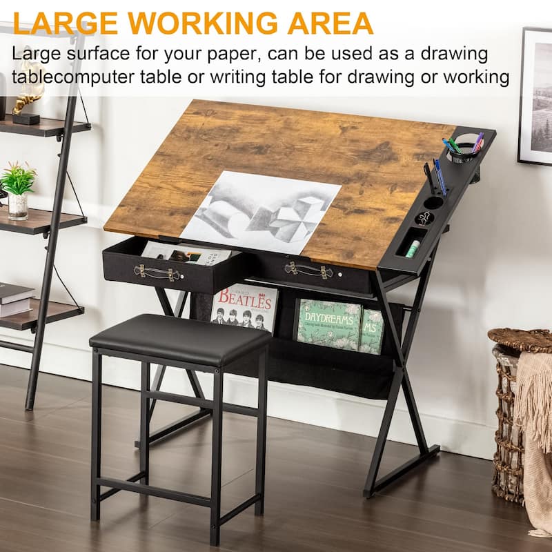 Javlergo Drafting Table Drawing Table Artist Desk Tilting Tabletop Art Craft Desk, 2 Storage Drawers and Stool for Home Office