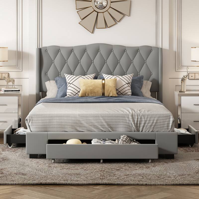 Velvet Fabric Tufted Upholstered Platform Bed with 3 Drawers - Grey