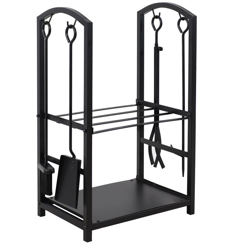 Steel Fireplace Log Holder and 5-Piece Tool Set