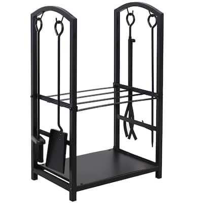 Steel Fireplace Log Holder and 5-Piece Tool Set