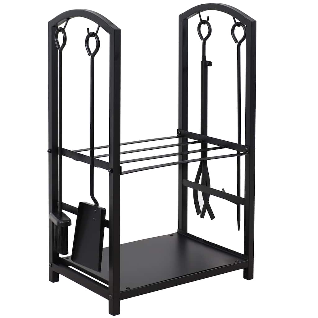 Steel Fireplace Log Holder and 5-Piece Tool Set