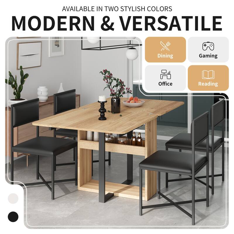 Space-Saving 63" Foldable Kitchen Dining Set with Storage Rack and 4 PU Leather Upholstered Chairs
