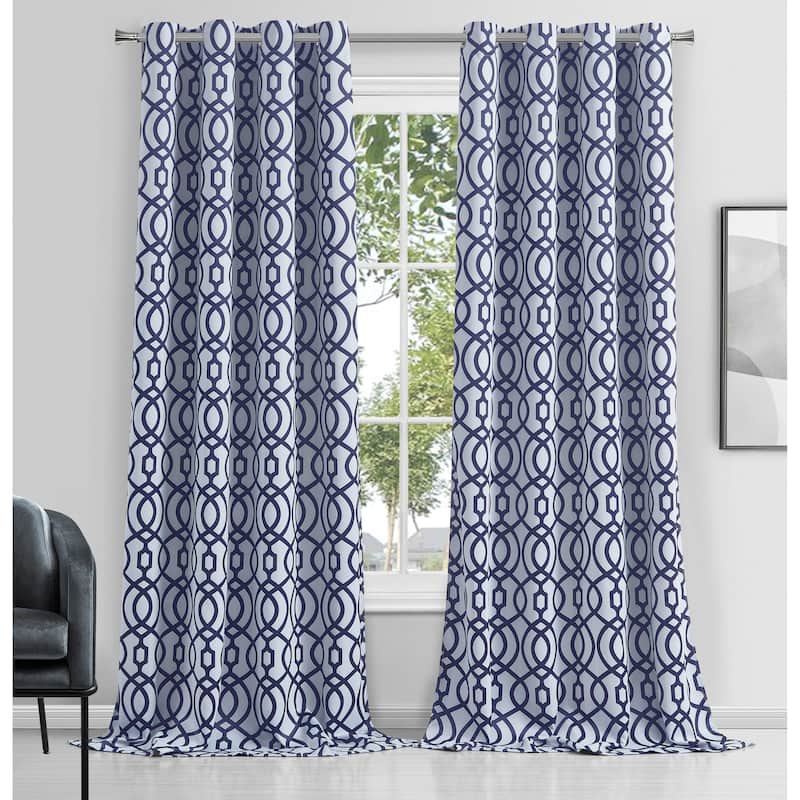 Dainty Home Trellis Blackout Thermal Insulated Grommet Single Panel Extra Wide Curtains - 54" x 84" - White And Navy