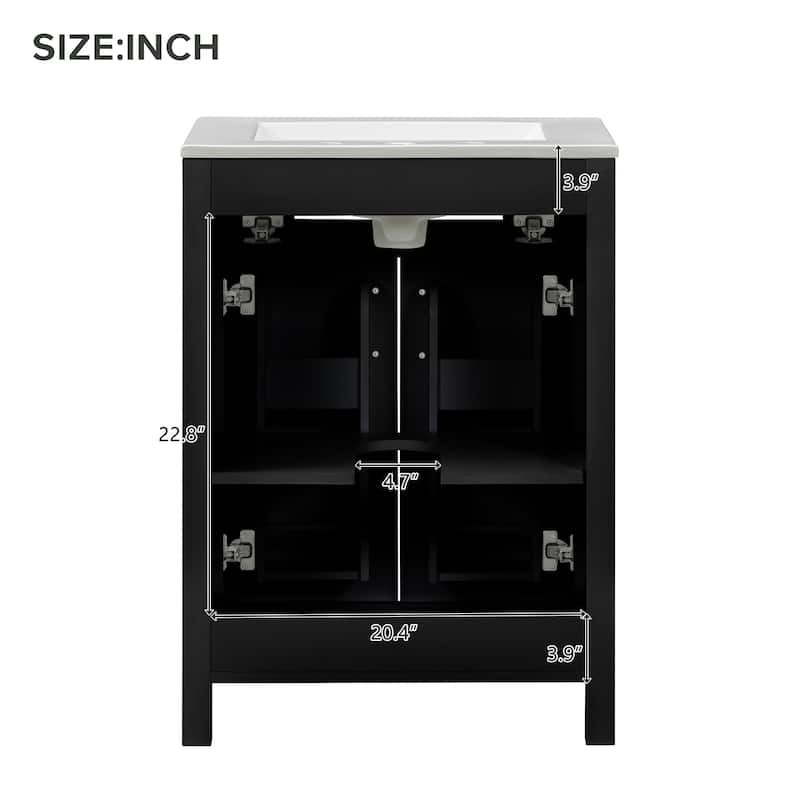 24" Freestanding Bathroom Vanity with Ceramic Sink, Soft-Close Doors and Solid Wood Frame, Space-Saving Modern Cabinet