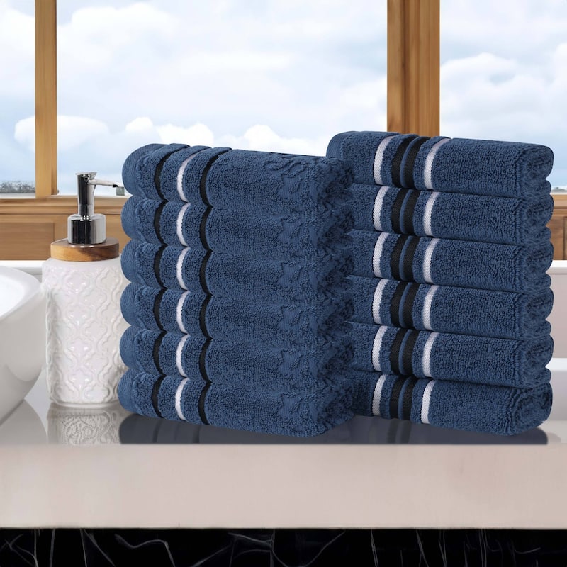 Superior Sadie Zero Twist Cotton Solid and Floral Washcloth Set of 12 - Navy Blue
