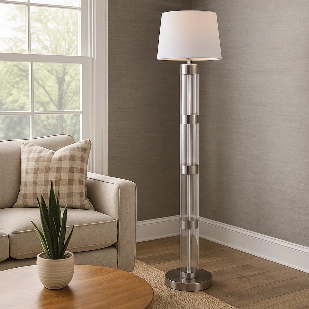 Kria 60 Inch Floor Lamp, Clear Glass Stand, Metal Bands, Satin Nickel