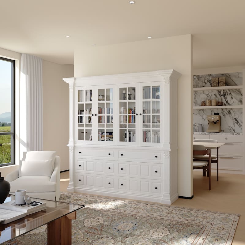 White Glass Door China Cabinet with Drawers, Large Buffet Hutch Sideboard Storage Cabinet for Dining Room - 74.8"x74.8"