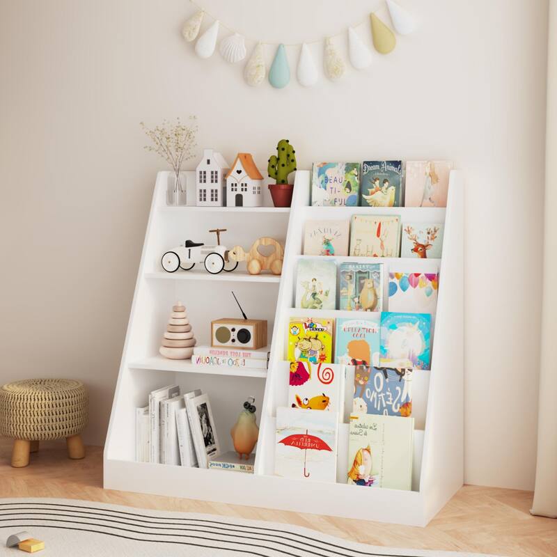 Anmytek Kids Bookcase Large Capacity Trapezoid Bookshelf Eco Friendly Wood Toy Storage Organizer Cabinet