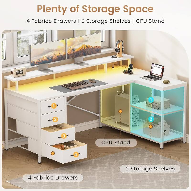 L Shaped Desk with 4 Drawers and Storage Shelves Gaming Desk