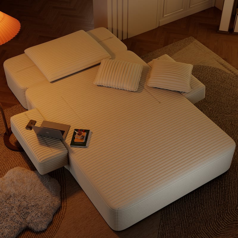 Luxurious Plush Corduroy Chaise Lounge Convertible Sofa Bed with Storage Pocket and Wide Armrests