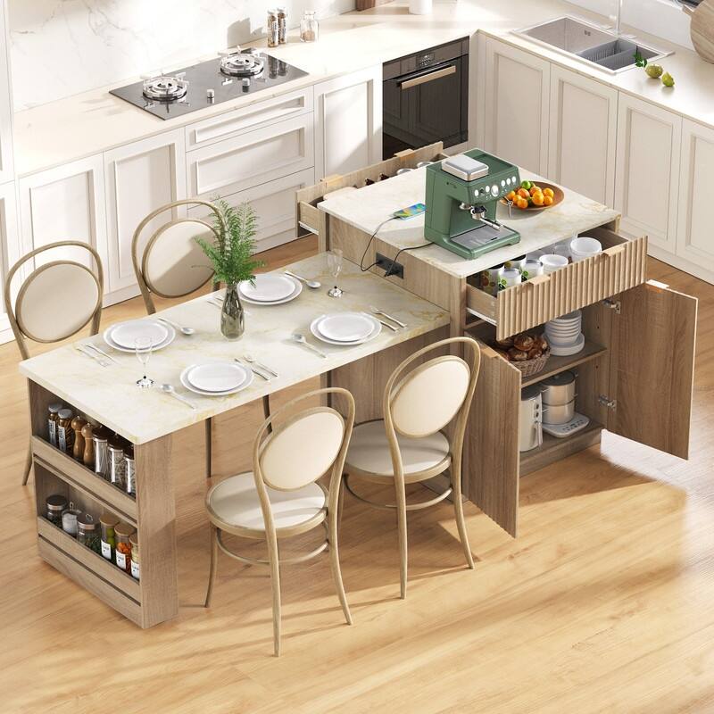 82.6" Fluted Kitchen Island with Extendable Dining Table and Power Outlet for Modern Kitchen Spaces