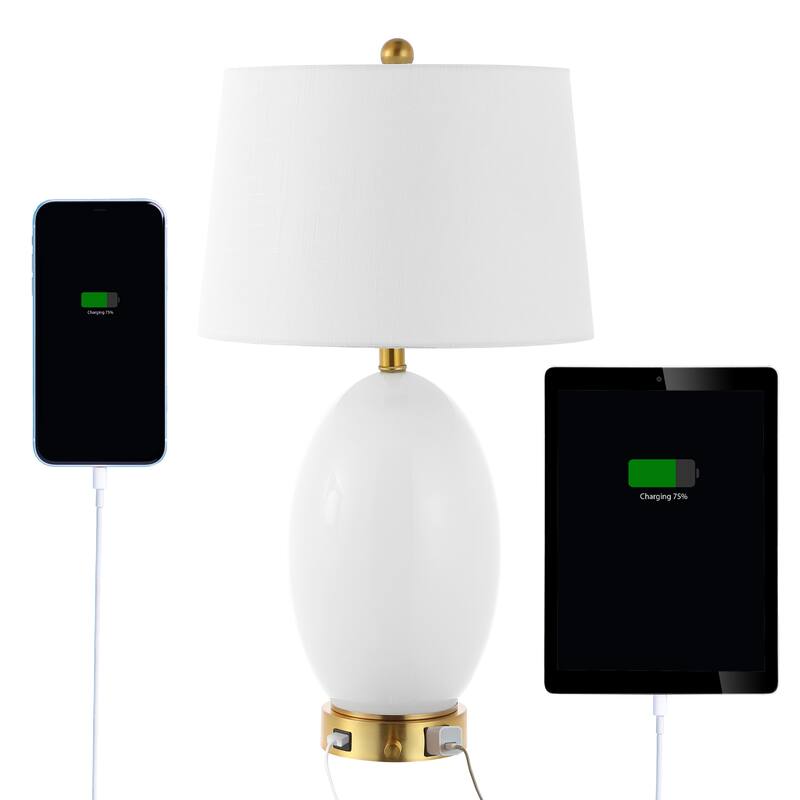 Alexander 26.5" 1-Outlet Contemporary Style Iron/Glass LED Table Lamp with USB Charging Port, by JONATHAN Y