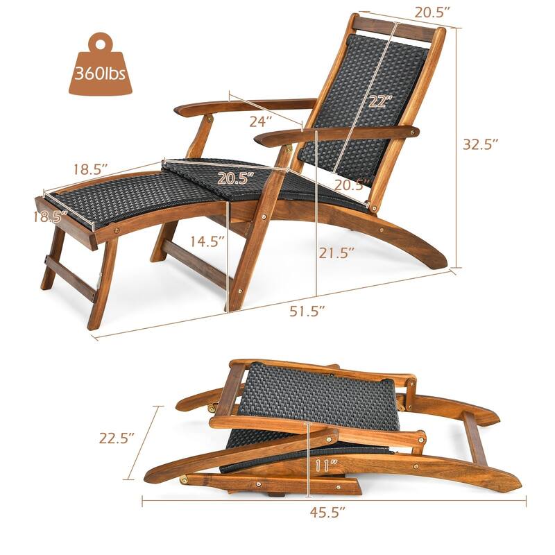 Patio Rattan Folding Lounge Chair with Acacia Wooden Frame Retractable Footrest - 24" x 51.5" x 32.5"(L x W x H)