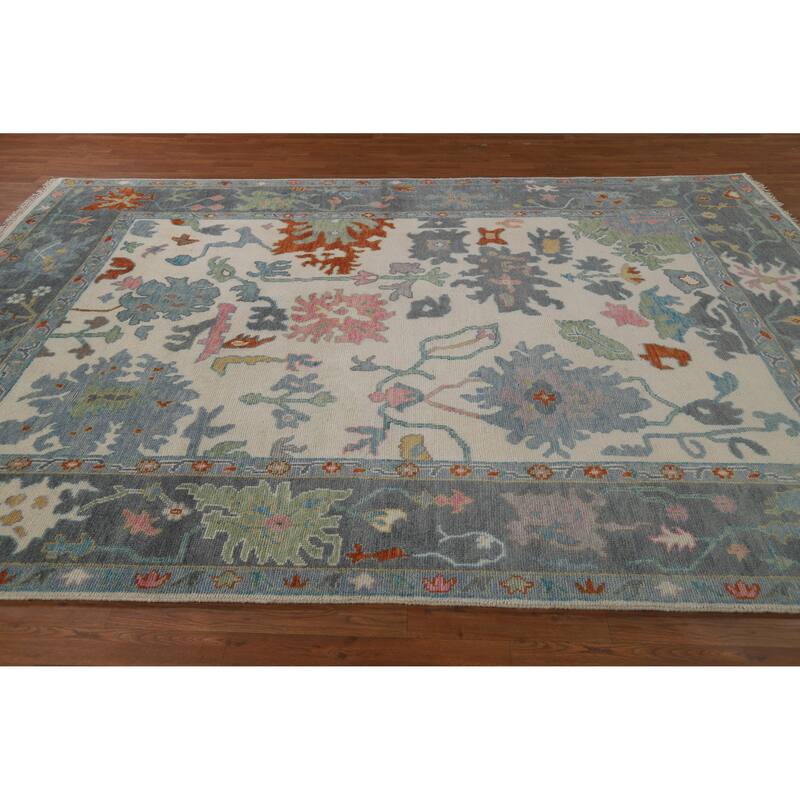 Ivory Oushak Indian Area Rug Hand-Knotted Wool Carpet - 7'9" x 10'3"
